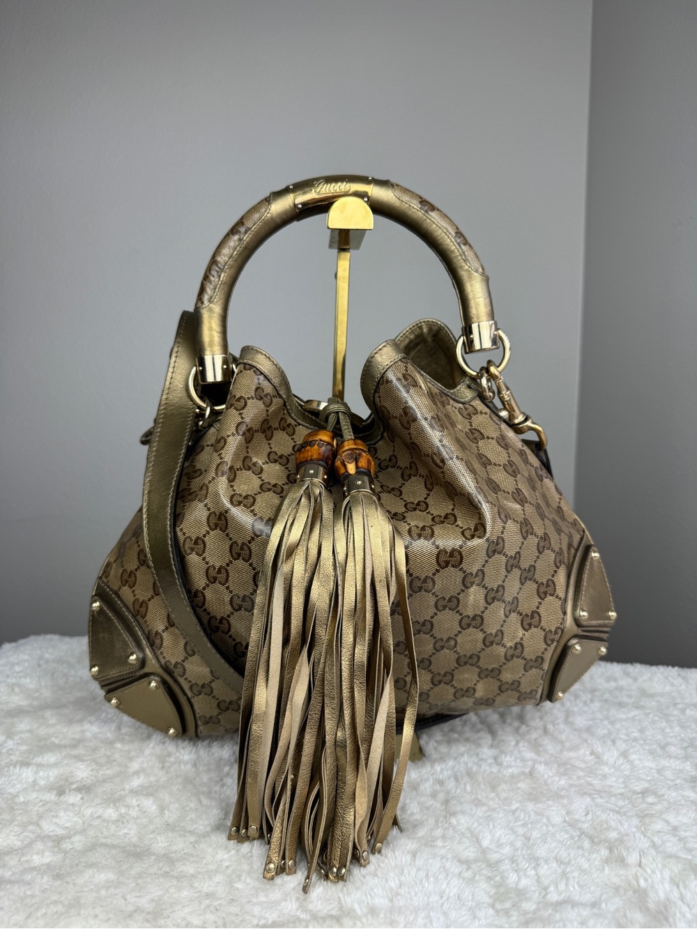 Gucci Brown Idy Monogram Tassel Leather Top-Handle Bag